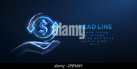 Coin with a dollar sign and two arrows rotating around it on hand. Bank transfer, currency exchange Stock Vector