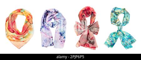 Silk colourful hand painted tied scarves on white background. Woman fashion, tying a scarf, wearing a scarves. Stylish ways to tie and wear scarves Stock Photo