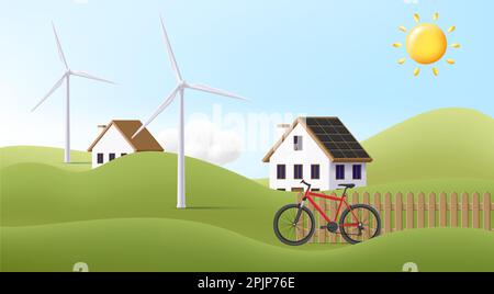 Eco village countryside rural landscape vector illustration. Cartoon ...