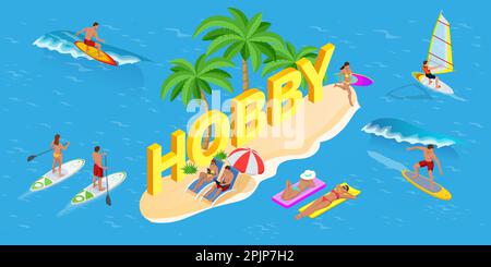 Isometric Hobby concept. Sports. Surfer on Blue Ocean Wave. Fun in the ocean, Extreme Sport, water skiing. Active summer vacations with paddle board Stock Vector