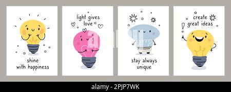 Light bulbs idea cards. Cute energy mascots. Cartoon lamps characters with motivational inscription text. Glowing happy faces. Smiling lightbulbs Stock Vector