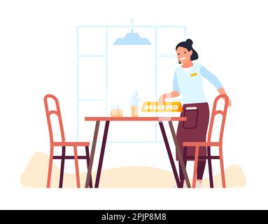 Waiter puts sign on reserved table. Booking table in restaurant. Catering service. Preorder in cafeteria. Waitress serving dining desk for reservation Stock Vector