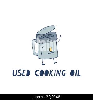 Waste sorting. Used cooking oil. Container or jar for reuse of sunflower or olive oil. Cute vector isolated on white background illustration for Stock Vector