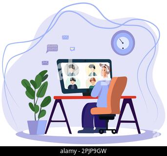 Embracing the work-from-home lifestyle. Employees collaborate via video calls, discussing projects and attending online briefings with coworkers in a webcam-based group conference. Flat style vector Stock Vector