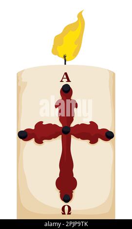 White religious Paschal candle with lighted flame, decorated with cross and grains for Easter Vigil in cartoon style. Stock Vector