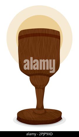 Wooden Holy Grail with halo and wood texture, in cartoon style on white background. Stock Vector