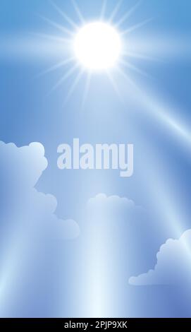 Beautiful blue sky with shining sun, sunbeams and some clouds. Vertical template design in gradient effect. Stock Vector