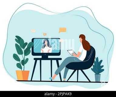 Embracing the work-from-home lifestyle. Employees collaborate via video calls, discussing projects and attending online briefings with coworkers in a webcam-based group conference. Flat style vector Stock Vector