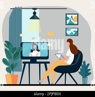 Embracing the work-from-home lifestyle. Employees collaborate via video calls, discussing projects and attending online briefings with coworkers in a webcam-based group conference. Flat style vector Stock Vector