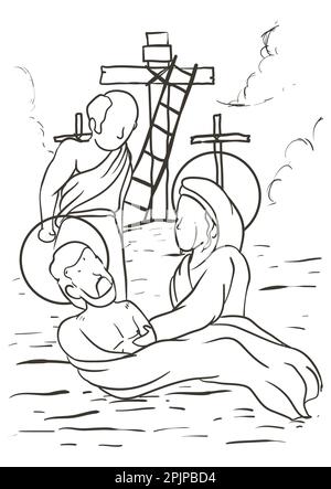 Drawing of the Via Crucis, representing station thirteen: Jesus is taken down from the cross by Joseph of Arimathea and his mother weeps for his death Stock Vector