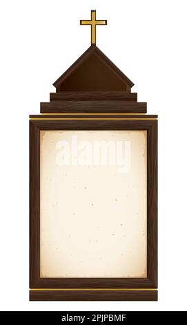 Religious template with blank scroll, wooden frame and golden cross on top. Isolated design with gradient effect. Stock Vector