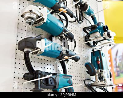 Angle grinding tools and drills in the store Stock Photo