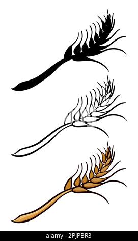 Set of ears of wheat in three different versions: black silhouette, outlines for coloring and cartoon style. Stock Vector