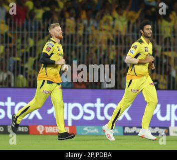 Chennai, India, 03/04/2023, Match No 6 : TATA IPL 2023: CSK Vs LSG :  Chennai Super Kings Vs Lucknow Super Giants : MSD  of CSK  at MAC stadium in Chennai.CSK Scored 217 for 7 in 20 overs. Ben Stokes. Stock Photo