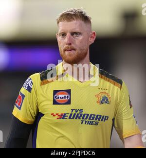 Chennai, India, 03/04/2023, Match No 6 : TATA IPL 2023: CSK Vs LSG :  Chennai Super Kings Vs Lucknow Super Giants : MSD  of CSK  at MAC stadium in Chennai.CSK Scored 217 for 7 in 20 overs. Ben Stokes. Stock Photo