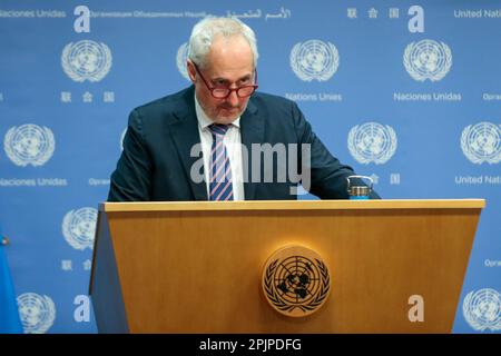 Spokesperson for the Secretary-General, Stephane Dujarric, meets a journalist in the press room at United Nations Headquarters in New York, United States, on Monday, April 3, 2023. Credit: Brazil Photo Press/Alamy Live News Stock Photo