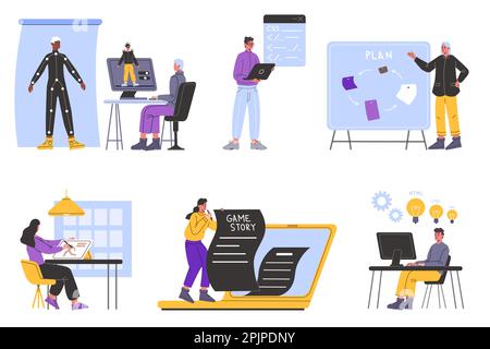 Gaming development. Specialists team creating computer games. Software programming. Interface design. Script writing and testing. Digital play Stock Vector