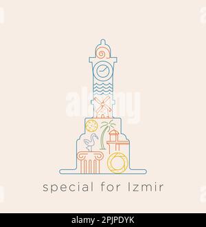 Special icon series for Izmir. Line collage izmir related to Historical places, Alacati Windmill, flamingo, sea, snail, Historical Elevator, bagel Stock Vector