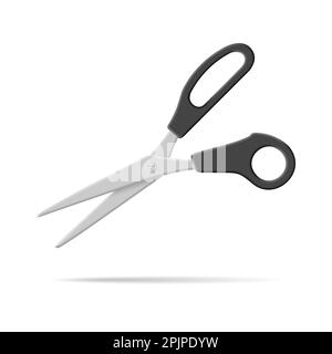 Stationery scissors realistic 3d vector illustration. Office cutters with rings black handles steel blade. Stock Vector