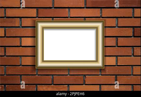 Vector mockup. White poster in a gold frame hangs on a red brick wall. Picture in gallery with copy space. Empty blank. Brick wall, textured surface Stock Vector