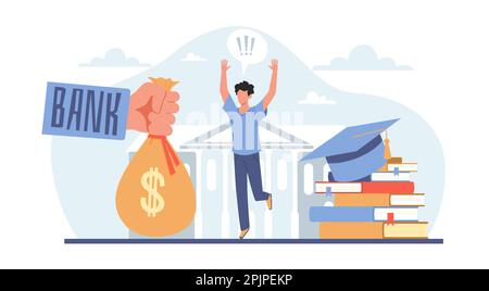 Student loans, investment in knowledge, young person gets money for college or university. Happy man with money from bank, money in education cartoon Stock Vector