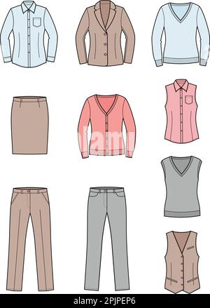 Women's business clothes set. Suit jacket, trousers, pants, skirt, jumper, cardigan, waistcoat, vest. Vector illustration. Stock Vector