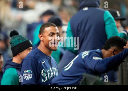 Seattle Mariners Teoscar Hernandez swings through while batting against the  Colorado Rockies during the third inning of a baseball game, Friday, April  14, 2023, in Seattle. (AP Photo/John Froschauer Stock Photo - Alamy