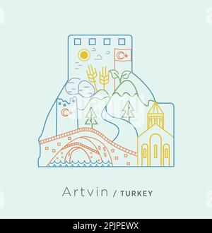 Icon series specific to Turkey - College in Artvin castle. A collage on double bridge, church, castle, wheat, castle, mountain, potato, stream. Stock Vector