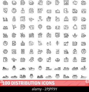 100 distribution icons set. Outline illustration of 100 distribution icons vector set isolated on white background Stock Vector