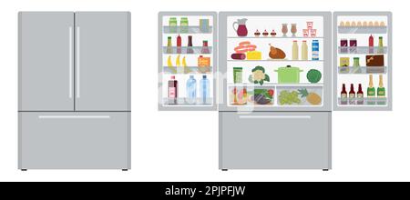Big fridge with open doors, a full of food. There is a champagne bottle, a box of chocolates, a milk, a juice, a sausage, bananas, eggs, ketchup and v Stock Vector