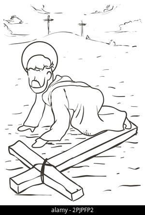 Drawing of the Via Crucis, representing the ninth station: Jesus falls exhausted by the long way to Calvary. Stock Vector