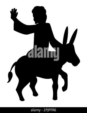 Black religious silhouette depicting Jesus riding a donkey on his entry into Jerusalem, during Palm Sunday. Stock Vector