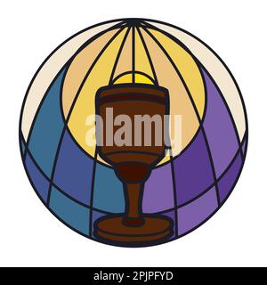 Round button with Holy Chalice with stained glass effect. Religious design in flat colors and outlines. Stock Vector