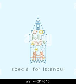 Special icon series for Istanbul. Line collage about historical places, mosques, bridge, bagel, tea, within the line of Galata Tower. Stock Vector