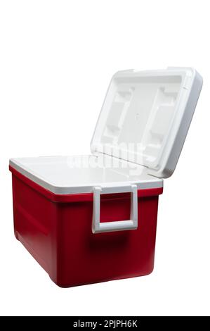 Empty open plastic cooler box side view isolated on studio background Stock Photo