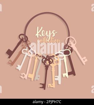 Bunch of keys cute hand drawn isolated silhouette on a pink background. Vector illustration for greeting cards, posters, stickers. Stock Vector
