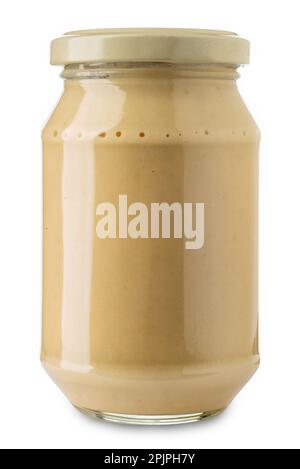 Mayonnaise sauce in glass jar isolated on white with clipping path included Stock Photo