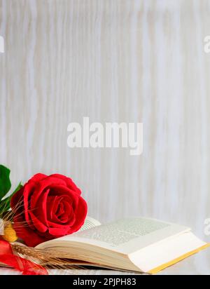 Rose and yellow book, ear of wheat, with Catalan flag and red ribbon, on beige background with texture, vertical, copy space, valentine’s day Stock Photo