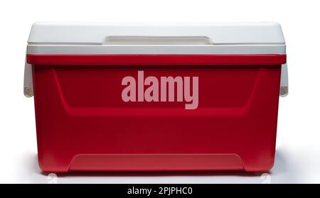Closed red  plastic thermo refrigerator  front view isolated on white studio background Stock Photo