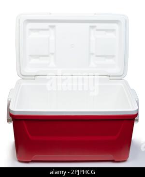 Red open plastic thermo fridge front view isolated Stock Photo