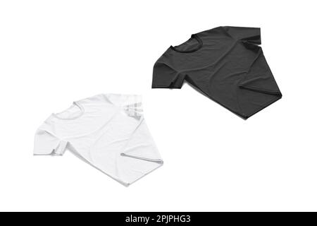 Blank black and white crumpled t-shirt mockup flat lay, isolated Stock Photo