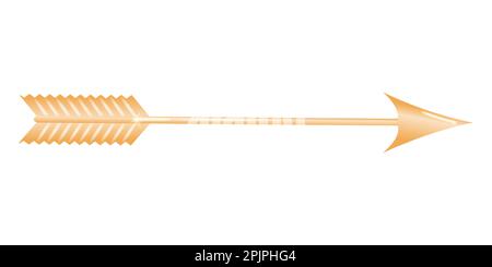 Golden arrow 3d. Shaft sharpened at the front and with feathers or vanes at the back, shot from a bow as a weapon or for sport. Vector illustration. Stock Vector