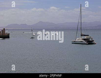 A flotilla of small sailing boats near Rubicon Marina, Lanzarote. February 2023 Stock Photo