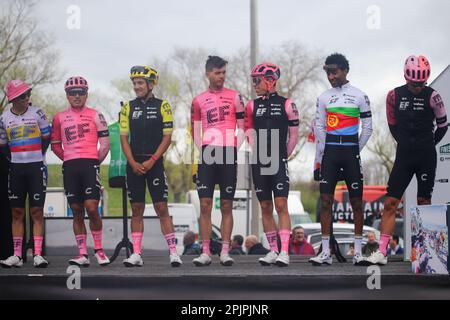 Vitoria-Gasteiz, Spain, 3th April, 2023: The EF Education - Easypost runners in the presentation during the 1st Stage of the Itzulia Basque Country 2023 between Vitoria-Gasteiz and Labastida, on April 03, 2023, in Vitoria-Gasteiz, Spain. Credit: Alberto Brevers / Alamy Live News Stock Photo