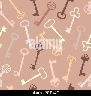 Vintage seamless pattern with different antique keys on pink Stock Vector