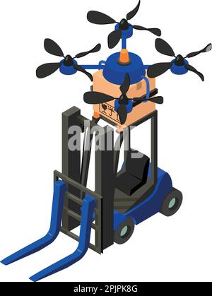 Modern delivery icon isometric vector. Quadcopter drone with box, forklift truck. Autonomous logistic concept Stock Vector