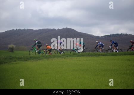 Egileta, Spain, 3th April, 2023: The Caja Rural - Seguros RGA rider, Joel Nicolau leads the pack followed by Asier Etxeberria (Euskaletel - Euskadi), Ander Okamika (Burgos BH), Cristian Rodríguez (Team Arkea - Samsic), Carlos Garcia Pierna (Kern Pharma Team), Remi Cavagna (Soudal Quick - Step) and Lars Van Den Berg (Groupama - FDJ) during the 1st Stage of the Itzulia Basque Country 2023 between Vitoria-Gasteiz and Labastida, on April 03, 2023, in Aegileta, Spain. Credit: Alberto Brevers / Alamy Live News Stock Photo