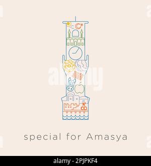 Special icon series in Turkey- Amasya clock tower. A collage of Amasya-specific castle, king rock tombs, livelihoods, marble, cherry and similar line Stock Vector