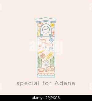 A special icon series for Turkey-Adana. Historical places, sirdan, moon and star, watermelon, bıcı bıcı, beach, adana kebab, turnip juice, related Stock Vector