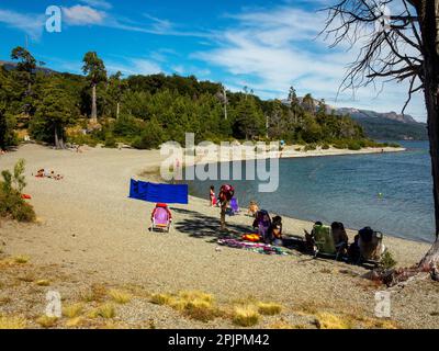 Beach at Futalaufquen Lake, Camping Agreste Rosales Bay, Los Alerces National Park, Chubut Province, Argentina Stock Photo